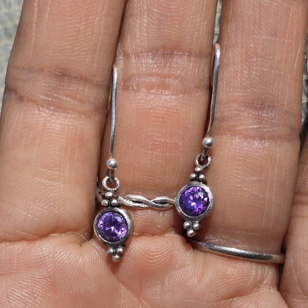 Retired authentic Silpada purple CZ dainty and delicate bead cluster earrings